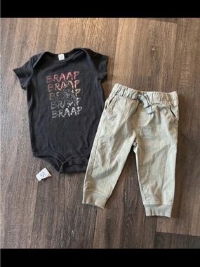 Kids Black Racing Graphic Bodysuit and Tan Jogger Pants Set
